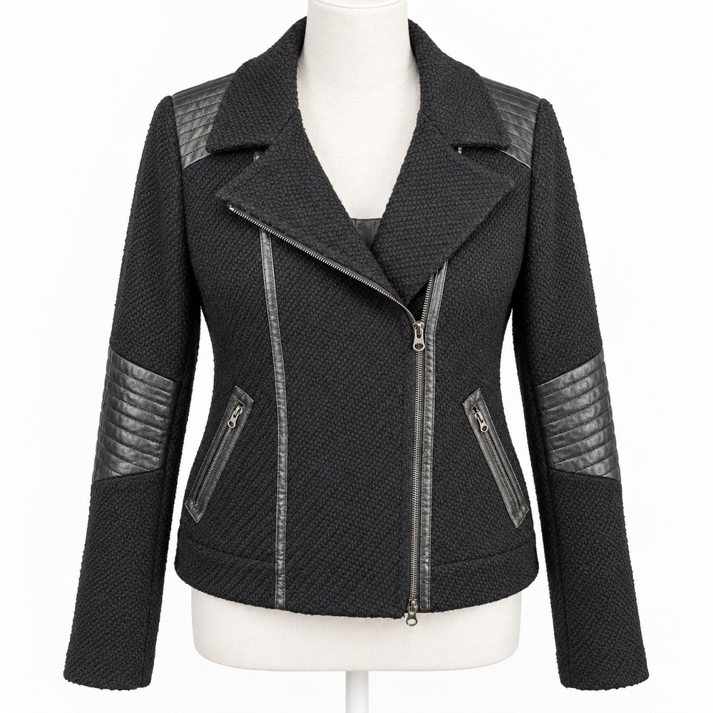 Vince Wool Leather Moto Jacket Size L Black Zip Indie Sleaze Grunge Eclectic